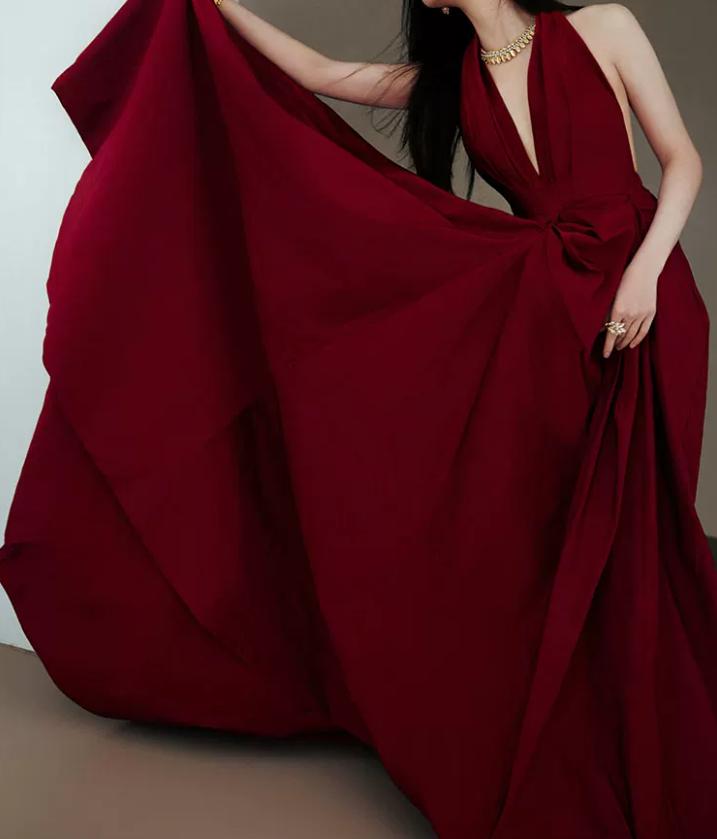 Romantic Halter Neck Red Prom Dress Ruched A-Line Evening Dress C8811