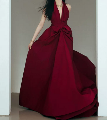 Romantic Halter Neck Red Prom Dress Ruched A-Line Evening Dress C8811