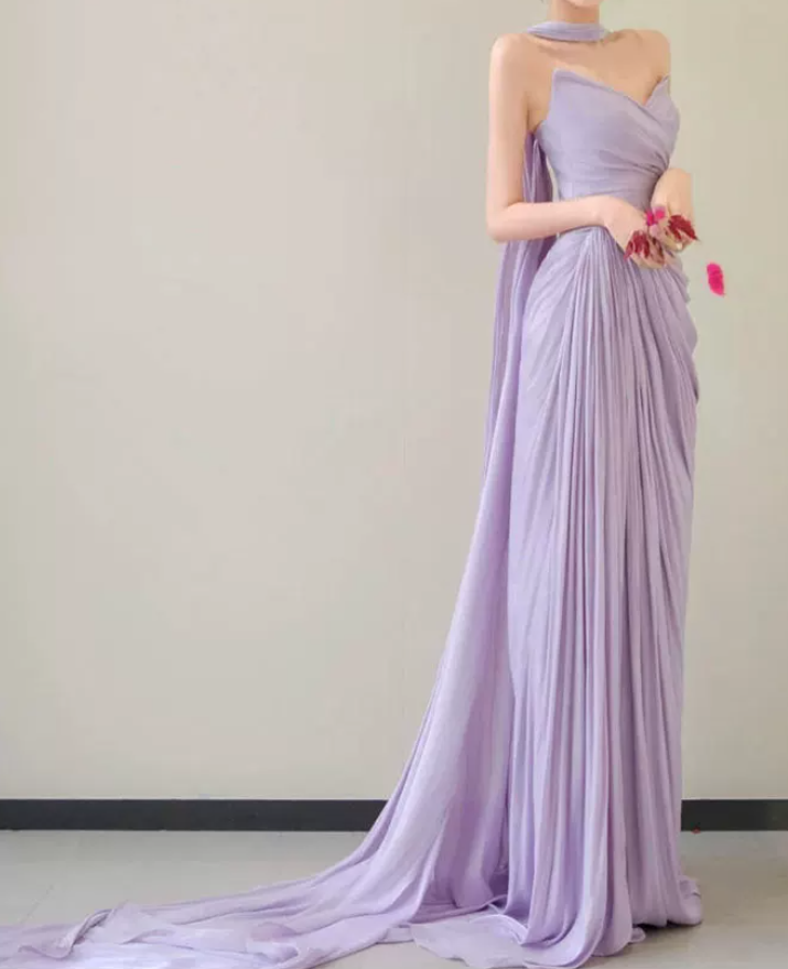 Glam Strapless Purple Prom Dress With Scarf High Slit Ruched Mermaid Evening Dress C8812