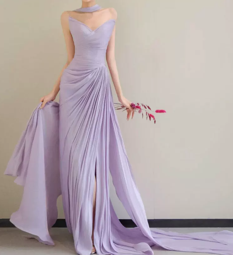 Glam Strapless Purple Prom Dress With Scarf High Slit Ruched Mermaid Evening Dress C8812