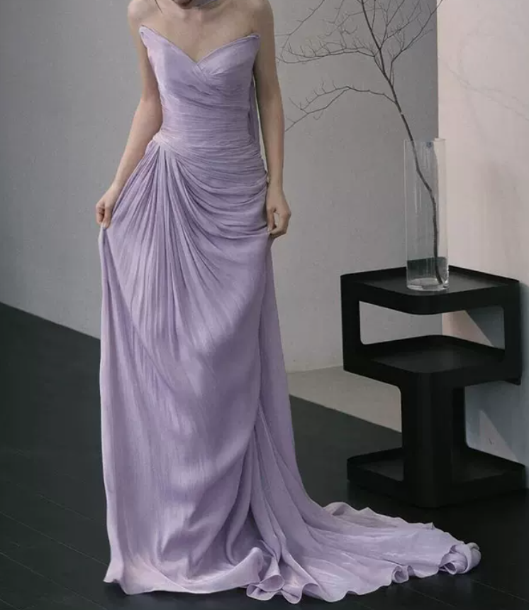 Glam Strapless Purple Prom Dress With Scarf High Slit Ruched Mermaid Evening Dress C8812