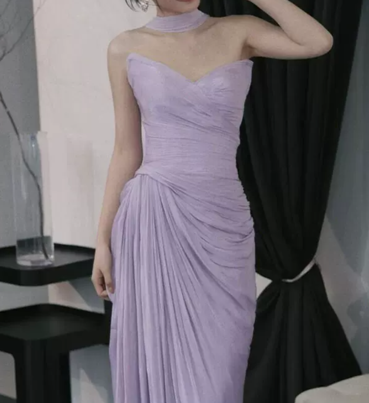 Glam Strapless Purple Prom Dress With Scarf High Slit Ruched Mermaid Evening Dress C8812