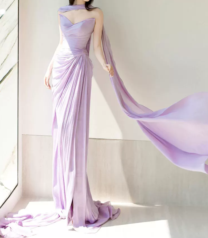 Glam Strapless Purple Prom Dress With Scarf High Slit Ruched Mermaid Evening Dress C8812
