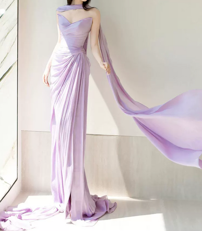 Glam Strapless Purple Prom Dress With Scarf High Slit Ruched Mermaid Evening Dress C8812
