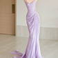 Glam Strapless Purple Prom Dress With Scarf High Slit Ruched Mermaid Evening Dress C8812