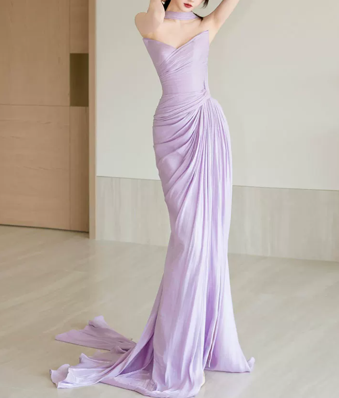 Glam Strapless Purple Prom Dress With Scarf High Slit Ruched Mermaid Evening Dress C8812