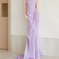 Glam Strapless Purple Prom Dress With Scarf High Slit Ruched Mermaid Evening Dress C8812