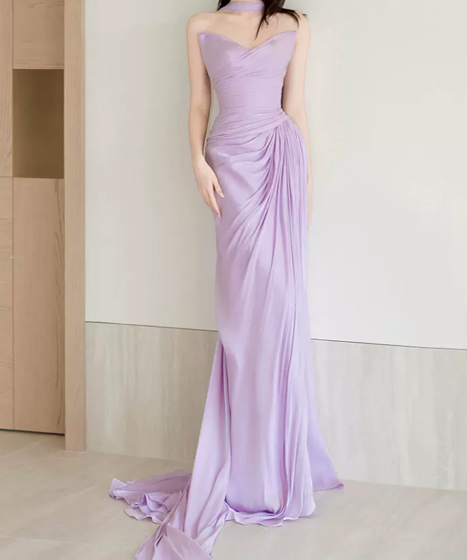 Glam Strapless Purple Prom Dress With Scarf High Slit Ruched Mermaid Evening Dress C8812
