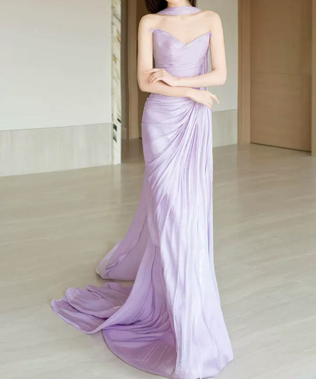 Glam Strapless Purple Prom Dress With Scarf High Slit Ruched Mermaid Evening Dress C8812