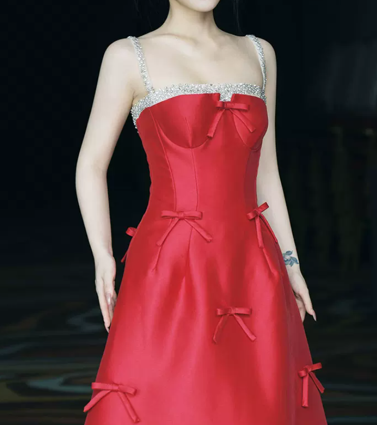 Glam Spaghetti Straps Red Prom Dress Bows Beaded A-Line Evening Dress C8813