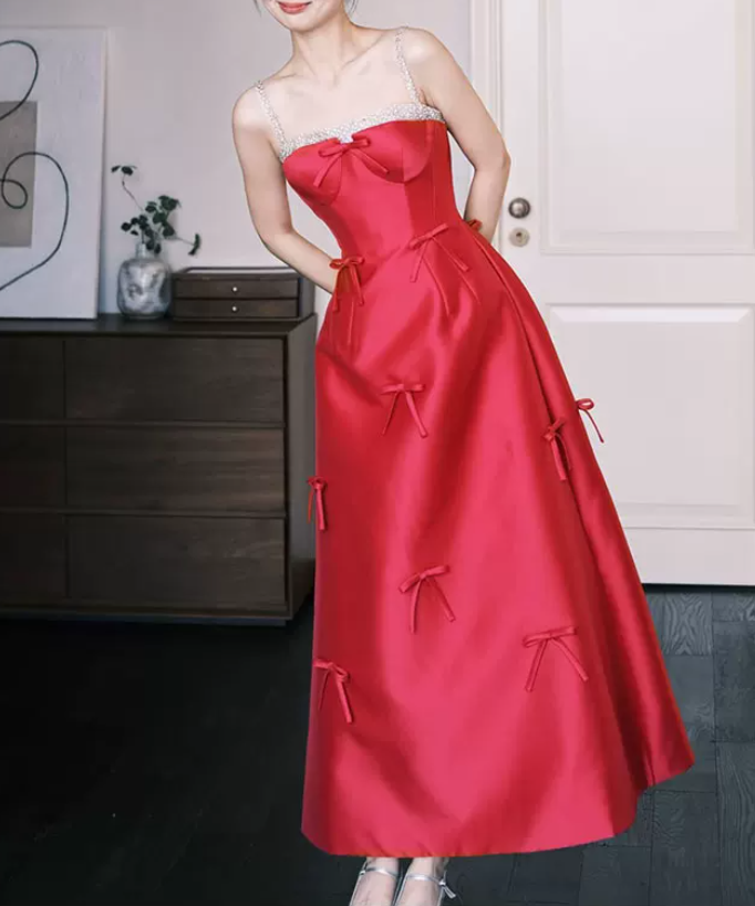 Glam Spaghetti Straps Red Prom Dress Bows Beaded A-Line Evening Dress C8813