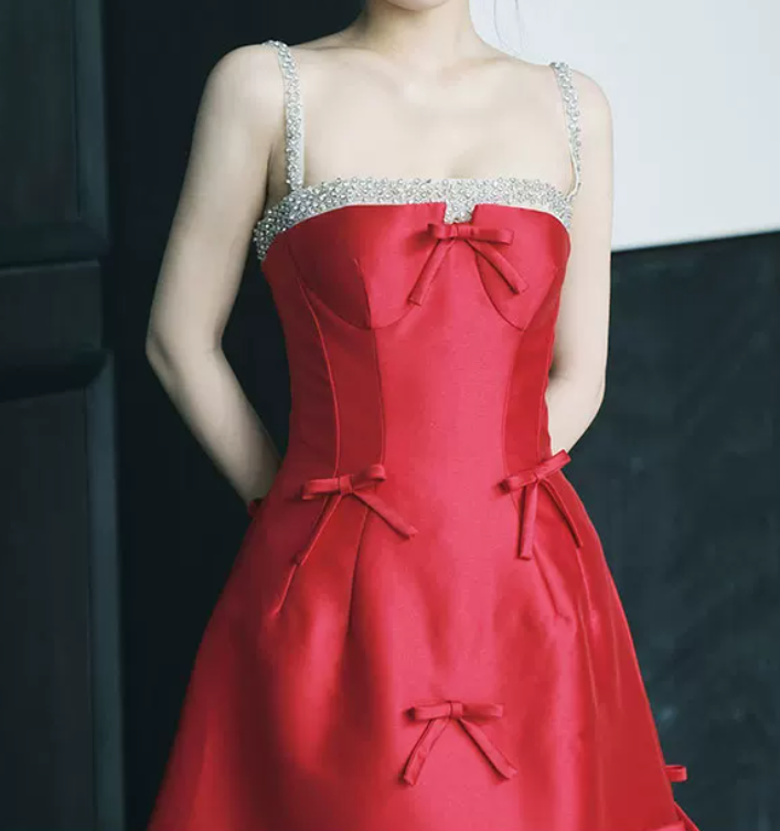 Glam Spaghetti Straps Red Prom Dress Bows Beaded A-Line Evening Dress C8813