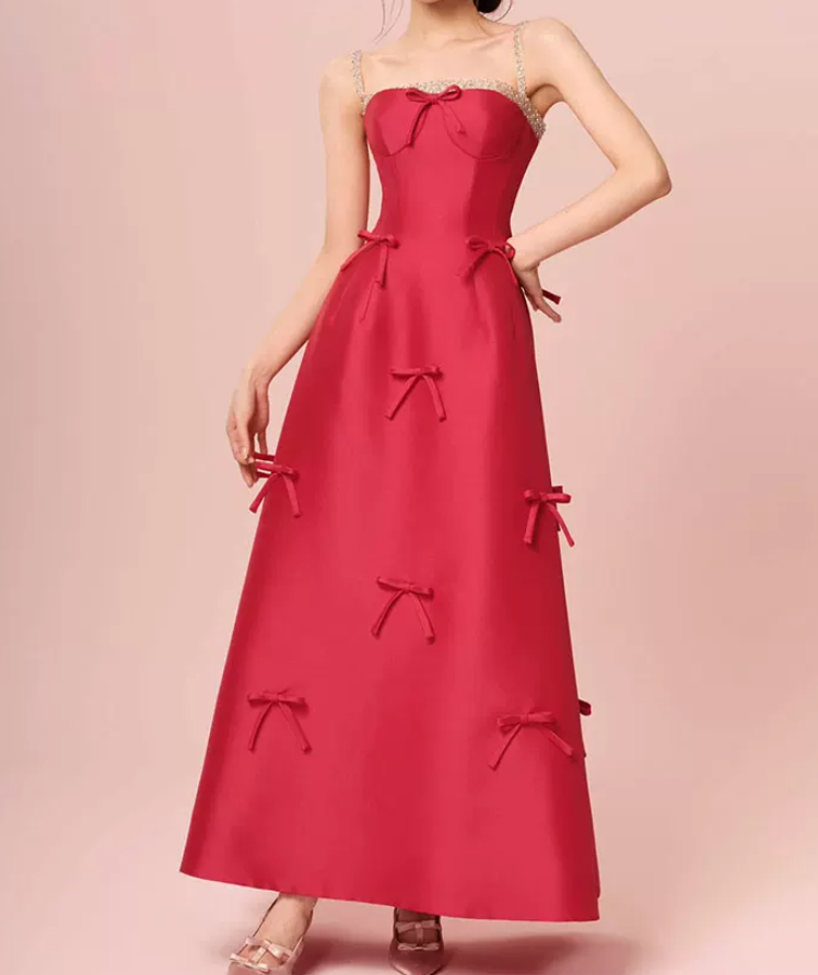 Glam Spaghetti Straps Red Prom Dress Bows Beaded A-Line Evening Dress C8813
