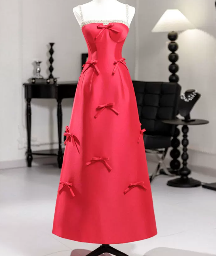 Glam Spaghetti Straps Red Prom Dress Bows Beaded A-Line Evening Dress C8813