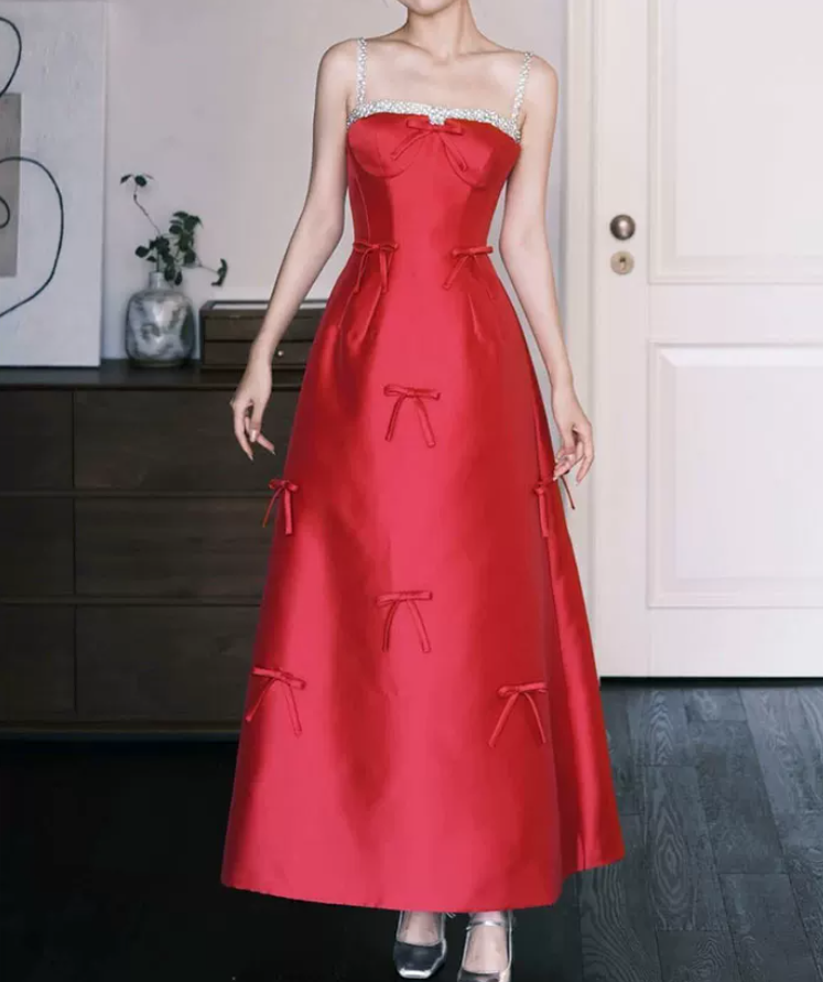 Glam Spaghetti Straps Red Prom Dress Bows Beaded A-Line Evening Dress C8813