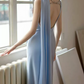 Chic Strapless Beaded Blue Prom Dress With Scarf Backless High Slit Mermaid Evening Dress C8814