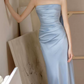 Chic Strapless Beaded Blue Prom Dress With Scarf Backless High Slit Mermaid Evening Dress C8814