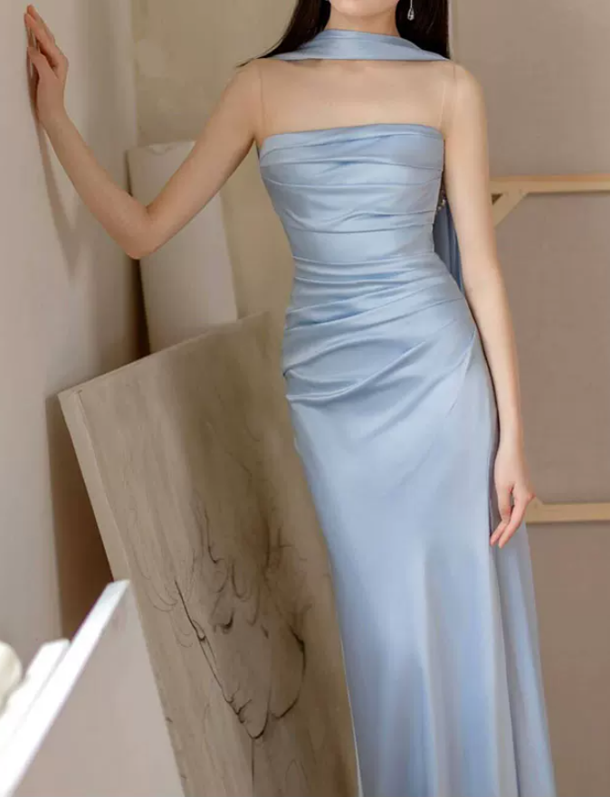 Chic Strapless Beaded Blue Prom Dress With Scarf Backless High Slit Mermaid Evening Dress C8814