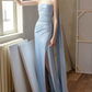 Chic Strapless Beaded Blue Prom Dress With Scarf Backless High Slit Mermaid Evening Dress C8814