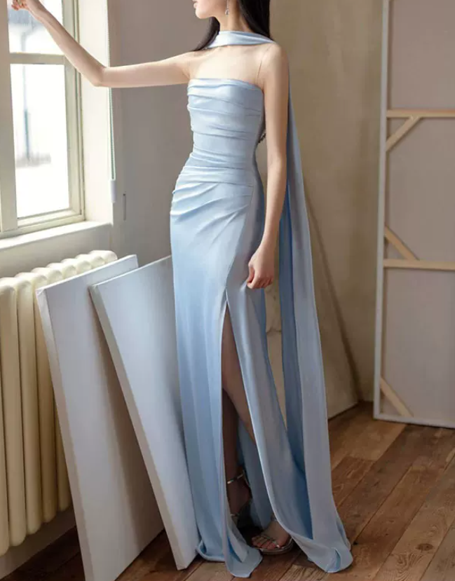 Chic Strapless Beaded Blue Prom Dress With Scarf Backless High Slit Mermaid Evening Dress C8814