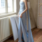 Chic Strapless Beaded Blue Prom Dress With Scarf Backless High Slit Mermaid Evening Dress C8814