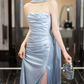 Chic Strapless Beaded Blue Prom Dress With Scarf Backless High Slit Mermaid Evening Dress C8814
