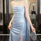 Chic Strapless Beaded Blue Prom Dress With Scarf Backless High Slit Mermaid Evening Dress C8814