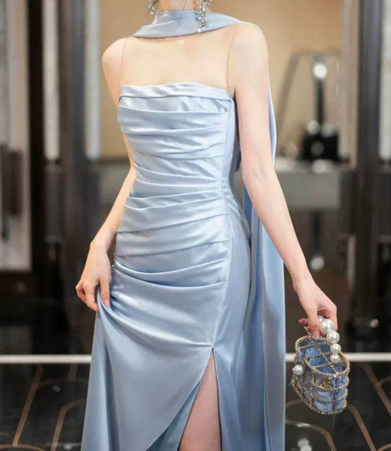 Chic Strapless Beaded Blue Prom Dress With Scarf Backless High Slit Mermaid Evening Dress C8814