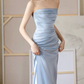 Chic Strapless Beaded Blue Prom Dress With Scarf Backless High Slit Mermaid Evening Dress C8814