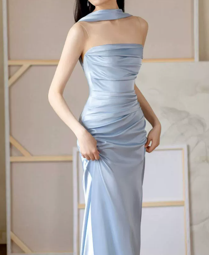 Chic Strapless Beaded Blue Prom Dress With Scarf Backless High Slit Mermaid Evening Dress C8814