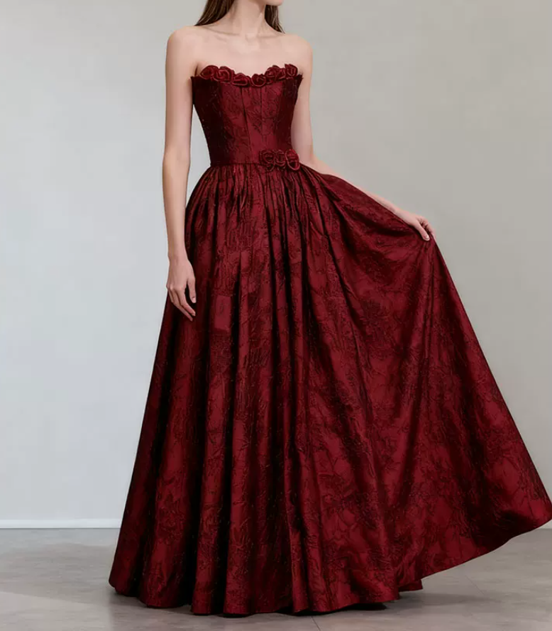Robe de bal de princesse bustier à volants en satin long, robe de soirée C8117