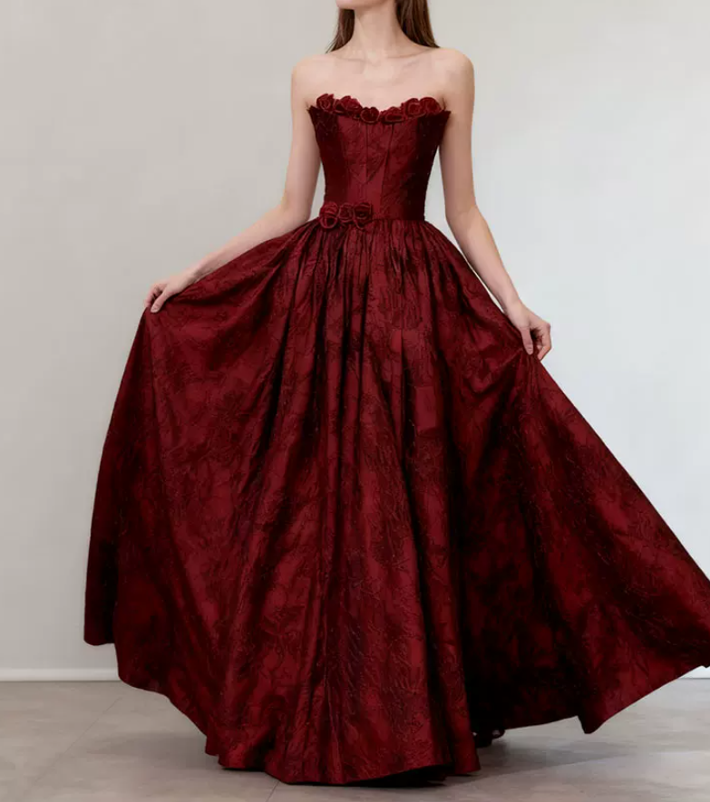 Robe de bal de princesse bustier à volants en satin long, robe de soirée C8117