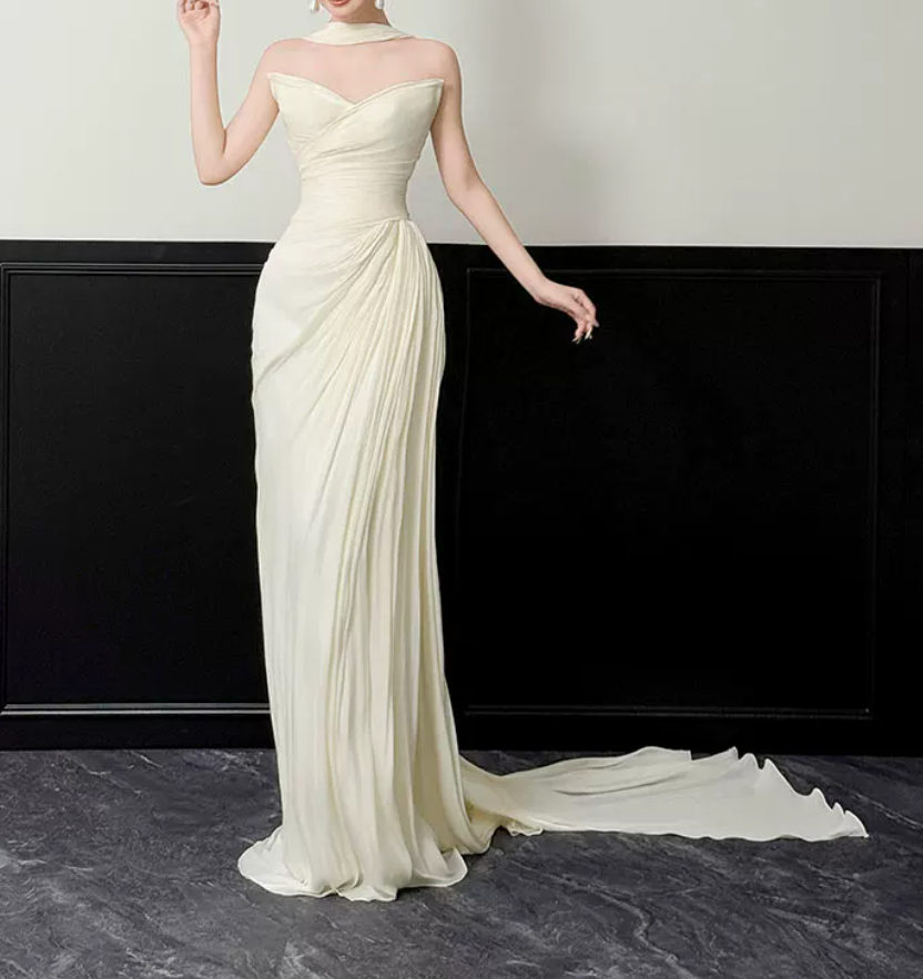 Chic Strapless Ruched Wedding Dresses With Scarf Satin Sheath Bridal Dress C8817