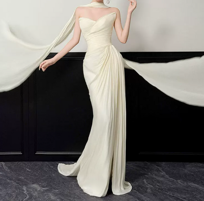 Chic Strapless Ruched Wedding Dresses With Scarf Satin Sheath Bridal Dress C8817