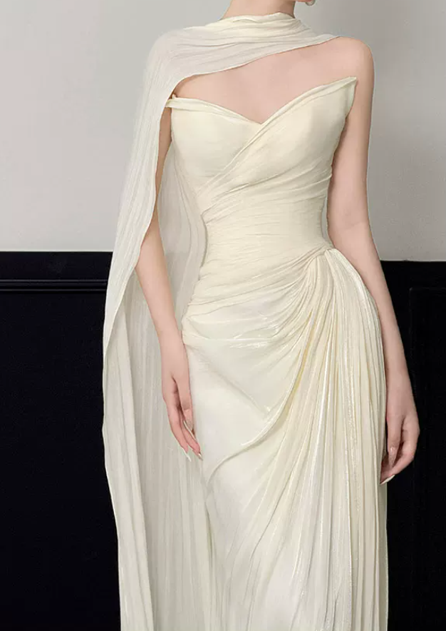 Chic Strapless Ruched Wedding Dresses With Scarf Satin Sheath Bridal Dress C8817