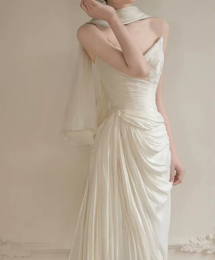 Chic Strapless Ruched Wedding Dresses With Scarf Satin Sheath Bridal Dress C8817