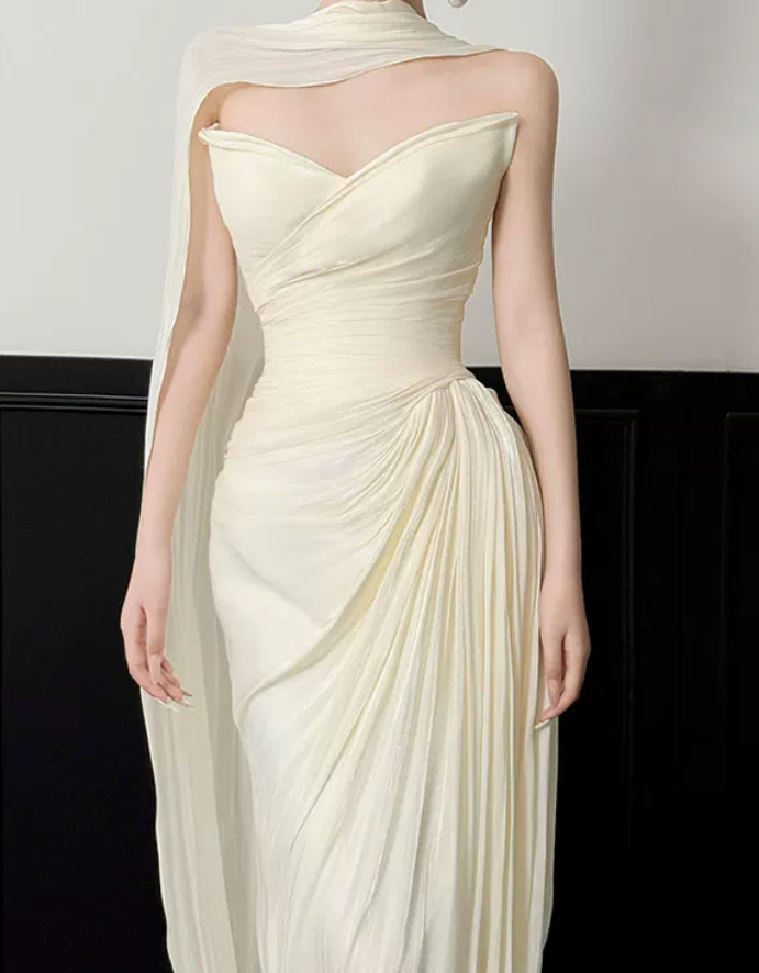 Chic Strapless Ruched Wedding Dresses With Scarf Satin Sheath Bridal Dress C8817