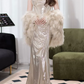 Lustrous Spaghetti Straps Champagne Prom Dress Long Beaded Mermaid Evening Dress C8819