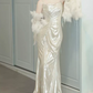 Lustrous Spaghetti Straps Champagne Prom Dress Long Beaded Mermaid Evening Dress C8819