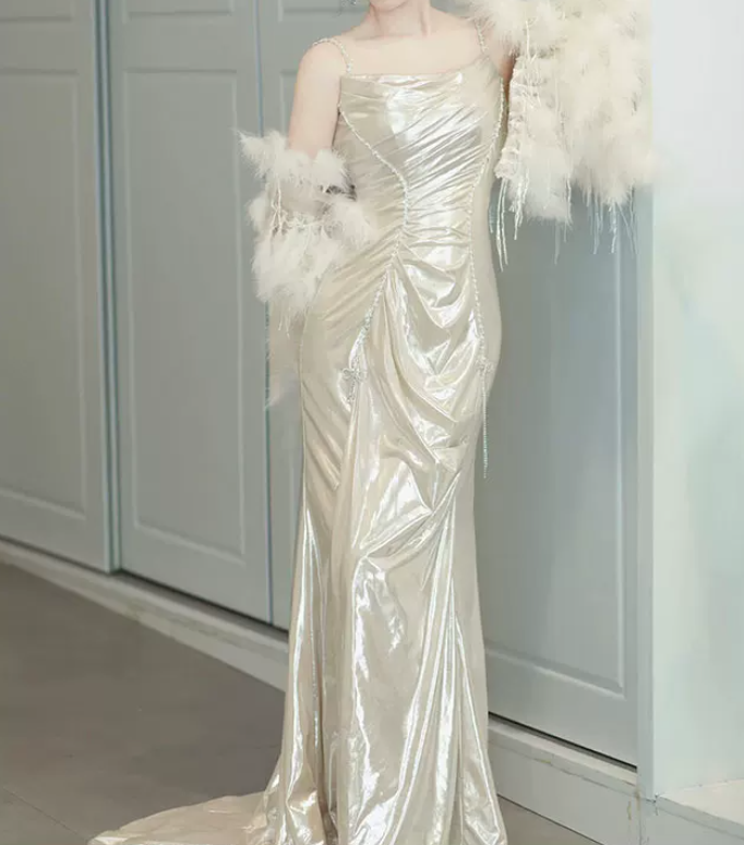 Lustrous Spaghetti Straps Champagne Prom Dress Long Beaded Mermaid Evening Dress C8819