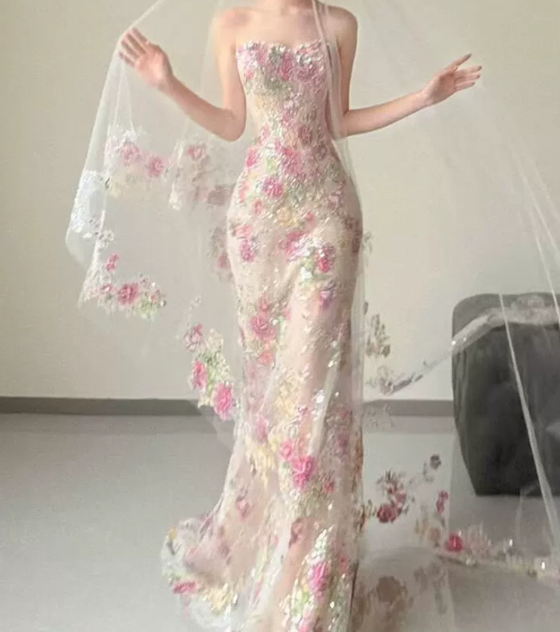 Robe de bal de princesse bustier à volants en satin long, robe de soirée C8117