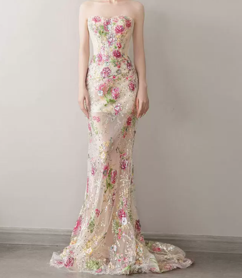 Robe de bal de princesse bustier à volants en satin long, robe de soirée C8117