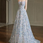 Glam Strapless Blue Prom Dress Sequins Appliques A-Line Evening Dress C8821