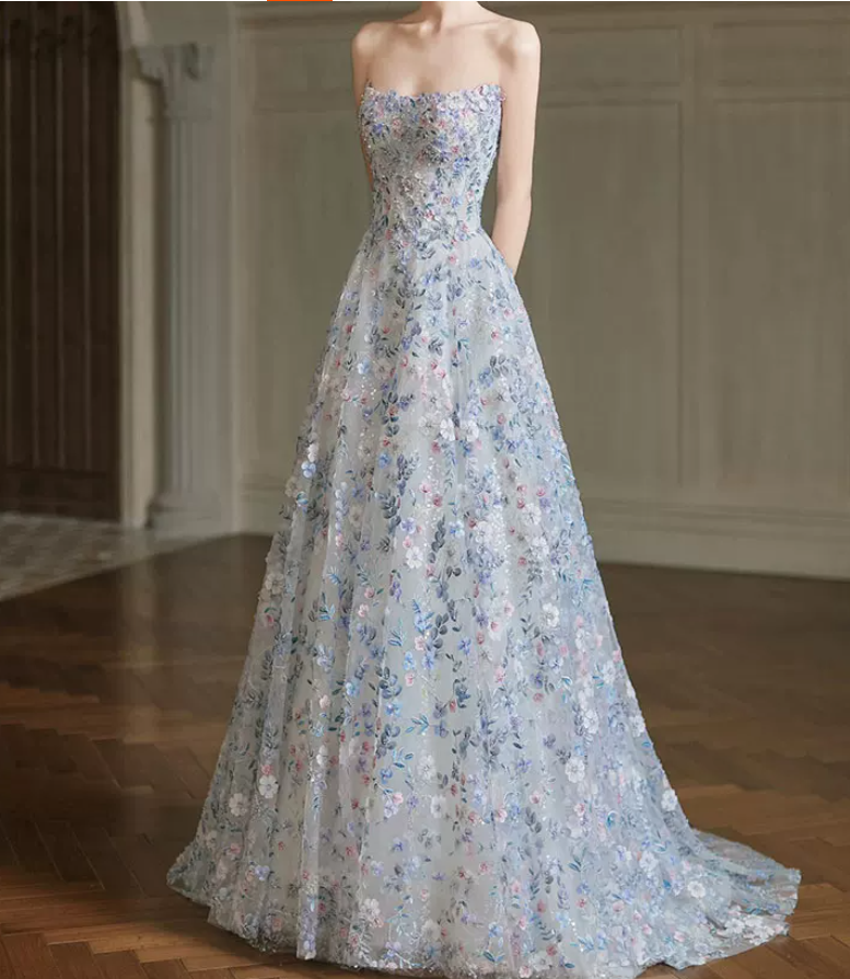 Glam Strapless Blue Prom Dress Sequins Appliques A-Line Evening Dress C8821