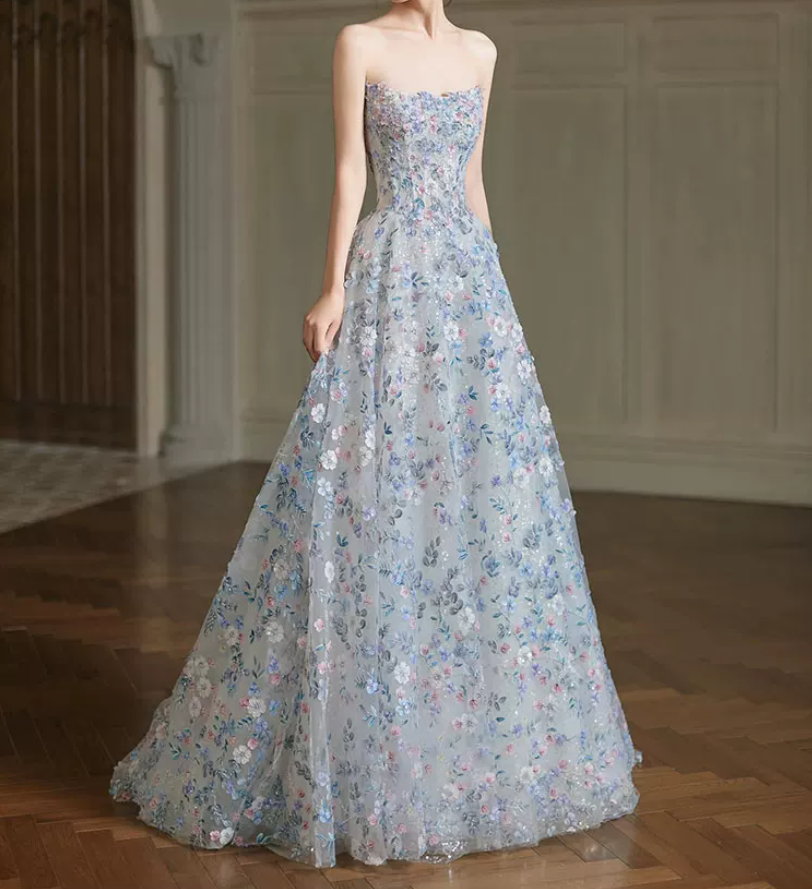 Glam Strapless Blue Prom Dress Sequins Appliques A-Line Evening Dress C8821