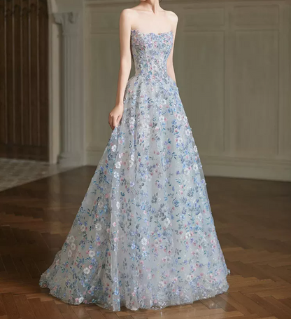 Glam Strapless Blue Prom Dress Sequins Appliques A-Line Evening Dress C8821