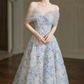 Glam Strapless Blue Prom Dress Sequins Appliques A-Line Evening Dress C8821