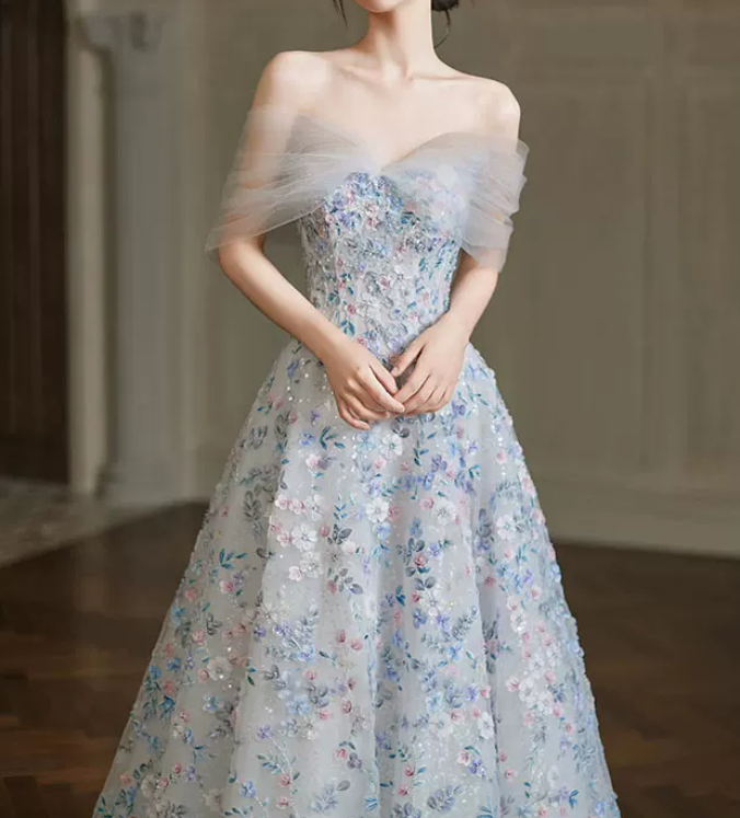 Glam Strapless Blue Prom Dress Sequins Appliques A-Line Evening Dress C8821