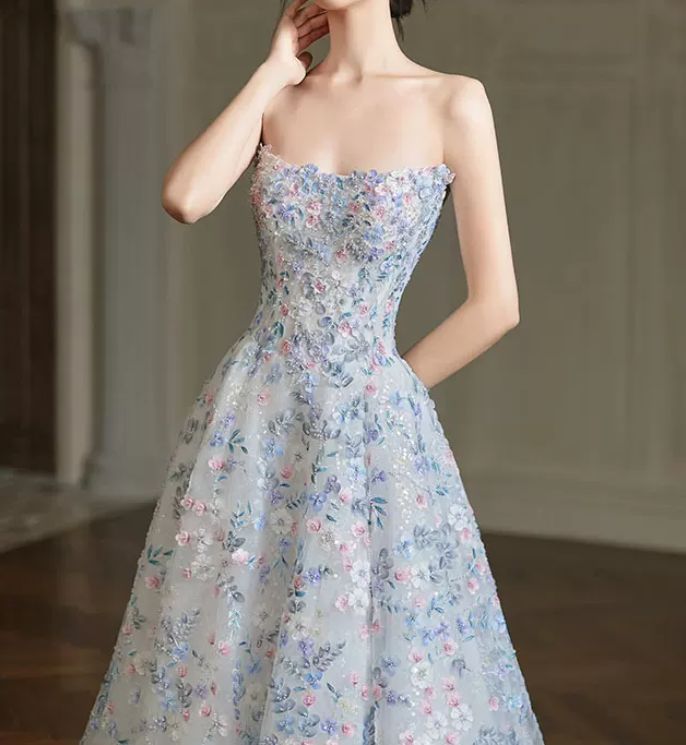 Glam Strapless Blue Prom Dress Sequins Appliques A-Line Evening Dress C8821