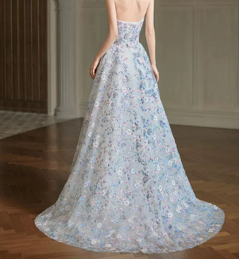 Glam Strapless Blue Prom Dress Sequins Appliques A-Line Evening Dress C8821